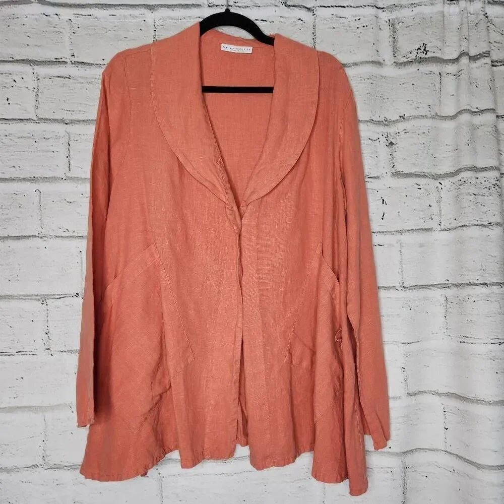 Bryn Walker Womens Coral 100% Linen Button Front Barnaby Lagenlook Jacket Medium